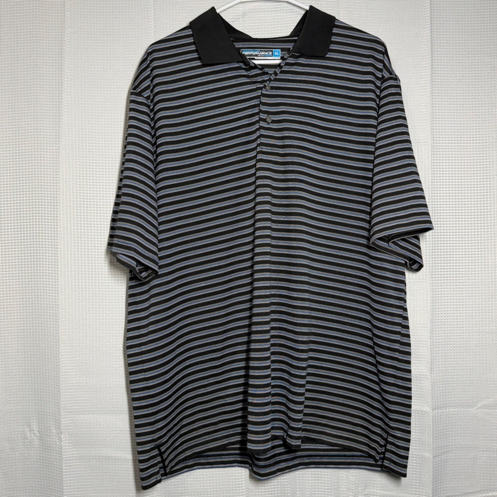 Roundtree & Yorke Performance Polo XL Black Blue Striped‎ Short Sleeve Shirt